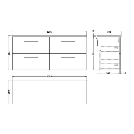 Nuie Arno 1200mm 4 Drawer Wall Hung Vanity Unit With Worktop, photo 13