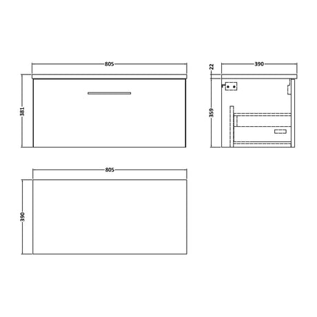 Nuie Arno 1 Drawer Wall Hung Vanity Unit With Worktop – 600mm & 800mm, photo 14