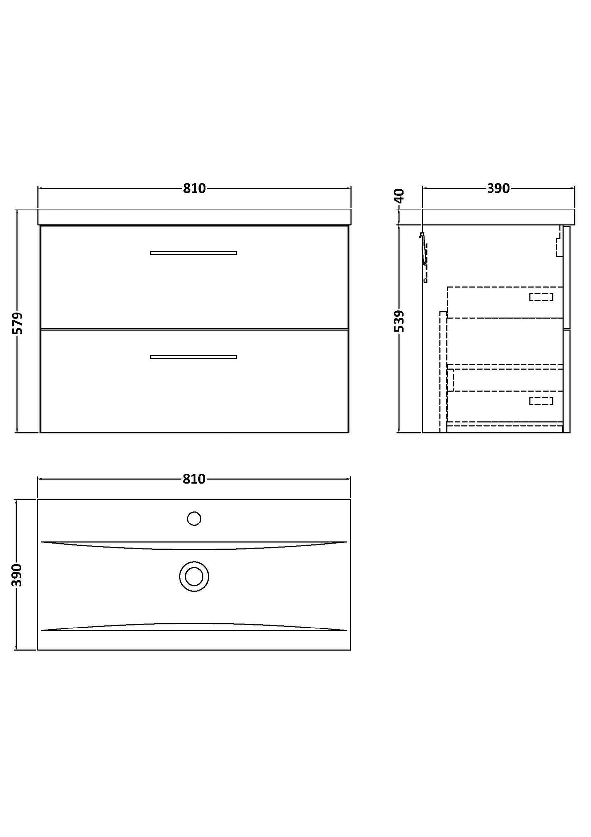 Nuie Arno 2 Drawer Wall Hung Vanity Unit With Basin – 600mm & 800mm, photo 15
