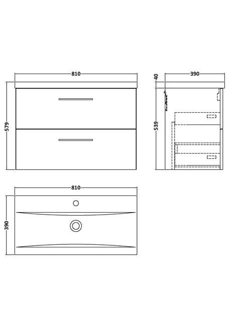 Nuie Arno 2 Drawer Wall Hung Vanity Unit With Basin – 600mm & 800mm, photo 15