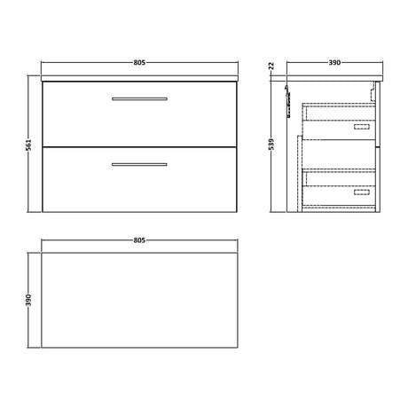Nuie Arno 2 Drawer Wall Hung Vanity Unit With Worktop – 600mm, 800mm & 1200mm, photo 14