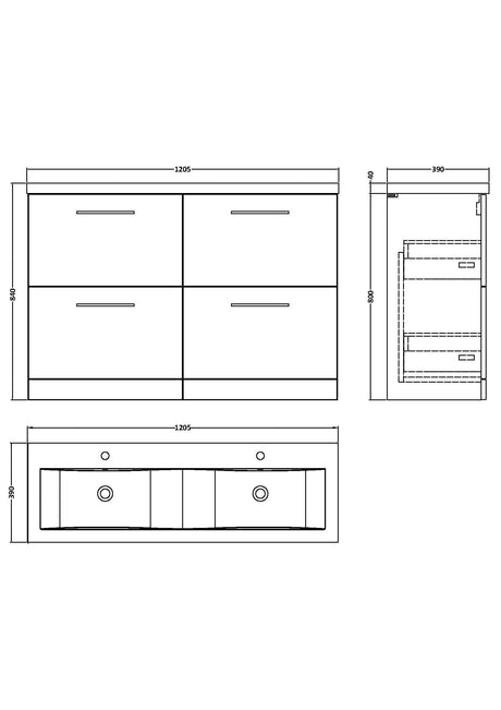 Nuie Arno 1200mm 4 Drawer Floor Standing Twin Vanity Unit With Basin, photo 12