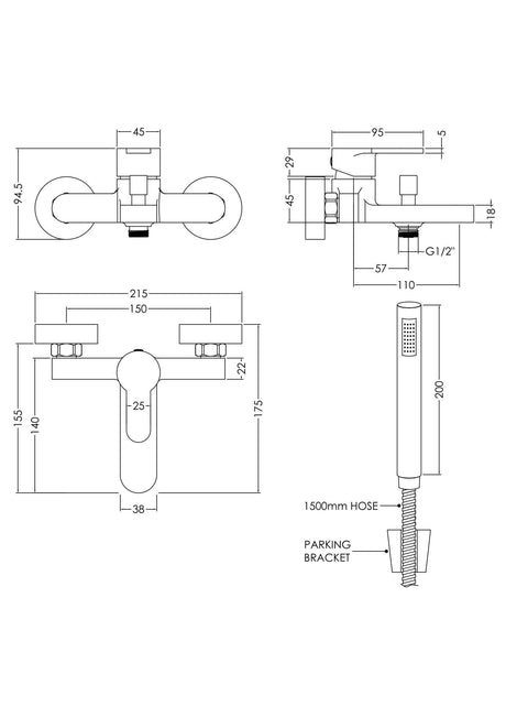 Nuie Arvan Wall Mounted Bath Shower Mixer With Kit – Chrome, photo 3
