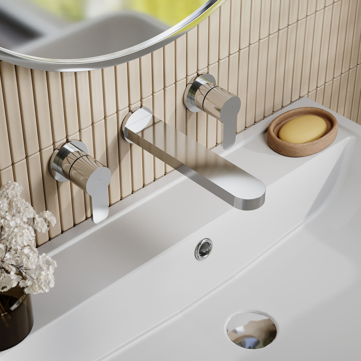 Nuie Arvan 3 Tap Hole Wall Mounted Basin Mixer – Chrome, photo 4