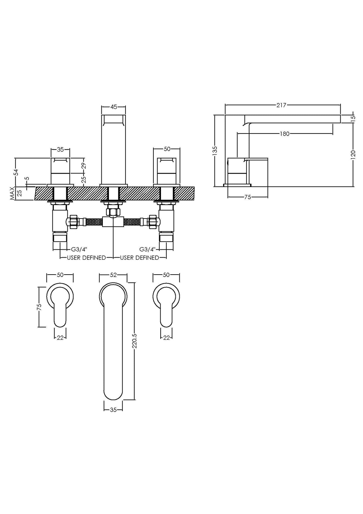 Nuie Arvan 3 Tap Hole Bath Filler Deck Mounted Bath Filler Tap Hole Bath – Chrome, photo 2