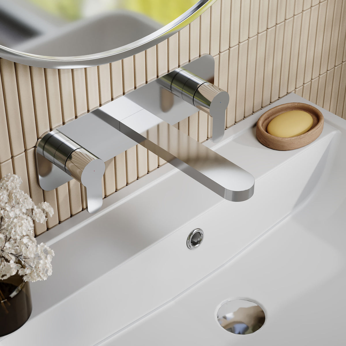 Nuie Arvan 3 Tap Hole Wall Mounted Basin Mixer With Plate – Chrome, photo 4