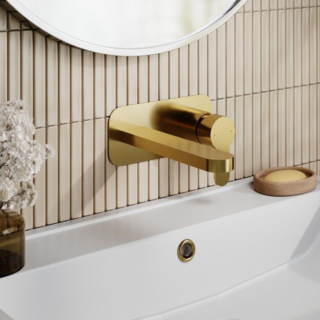 Nuie Arvan Wall Mounted 2 Tap Hole Basin Mixer With Plate – Brushed Brass