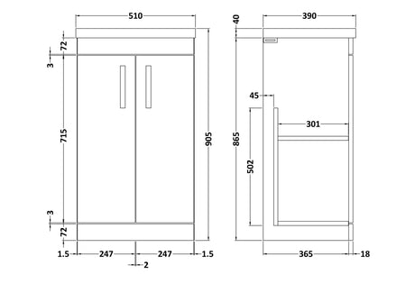 Nuie Athena 2 Door Floor Standing Vanity Unit With Basin – 500mm & 600mm, photo 9