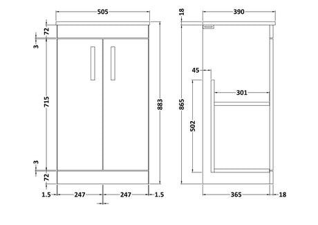 Nuie Athena 2 Door Floor Standing Vanity Unit With Worktop – 500mm & 600mm, photo 6