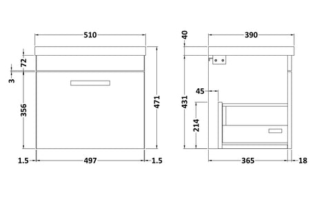 Nuie Athena 1 Drawer Wall Hung Vanity Unit With Basin – 500mm, 600mm & 800mm, photo 9