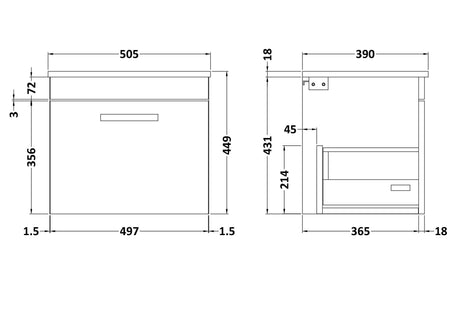 Nuie Athena 1 Drawer Wall Hung Vanity Unit With Worktop – 500mm, 600mm & 800mm, photo 9