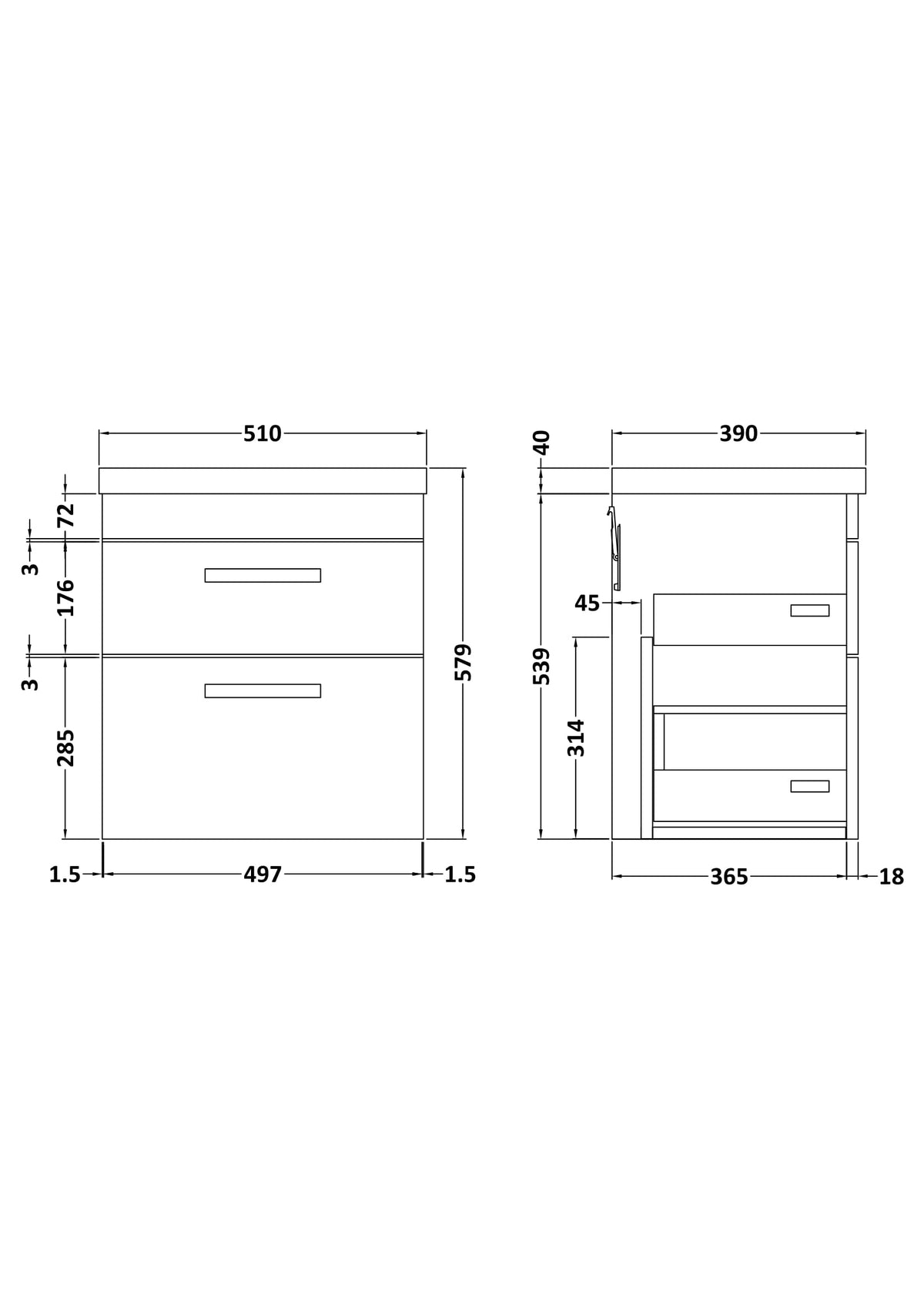 Nuie Athena 2 Drawer Wall Hung Vanity Unit With Basin – 500mm, 600mm & 800mm, photo 9