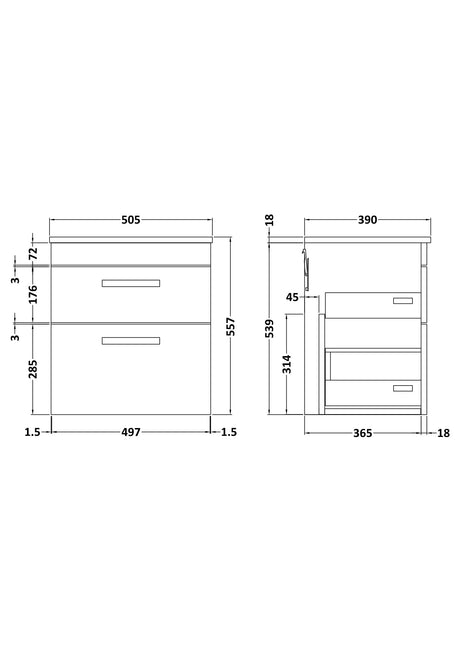 Nuie Athena 2 Drawer Wall Hung Vanity Unit With Worktop – 500mm, 600mm, 800mm & 1200mm, photo 9