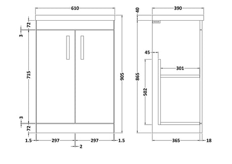Nuie Athena 2 Door Floor Standing Vanity Unit With Basin – 500mm & 600mm, photo 10