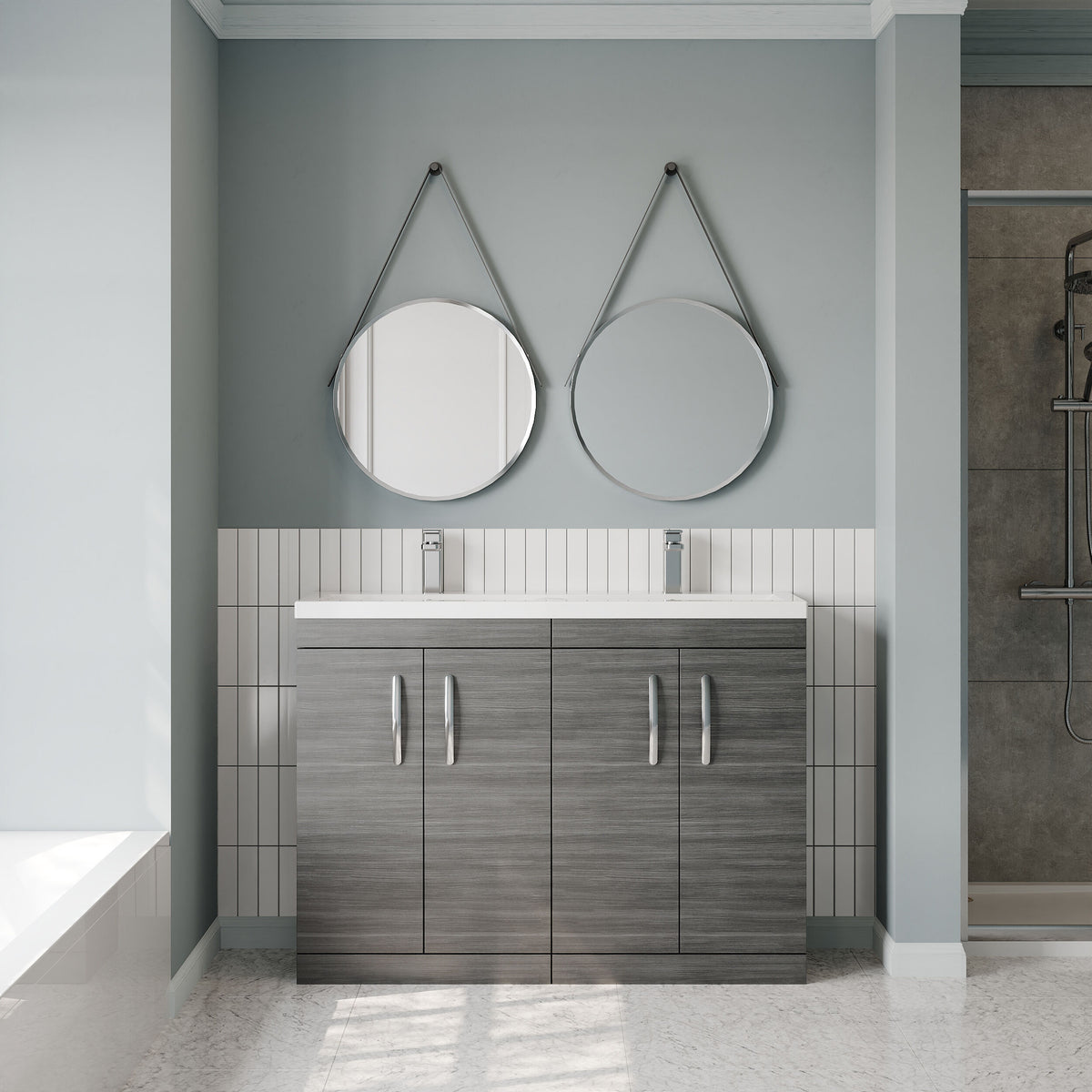 Nuie Athena 1200mm 4 Door Floor Standing Twin Vanity Unit With Basin