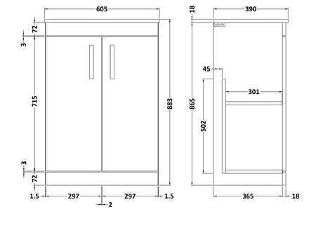 Nuie Athena 2 Door Floor Standing Vanity Unit With Worktop – 500mm & 600mm, photo 7