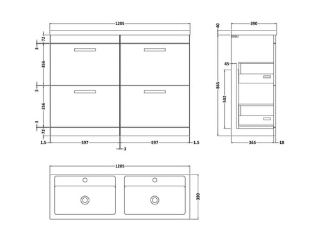 Nuie Athena 1200mm 4 Drawer Floor Standing Twin Vanity Unit With Basin, photo 7