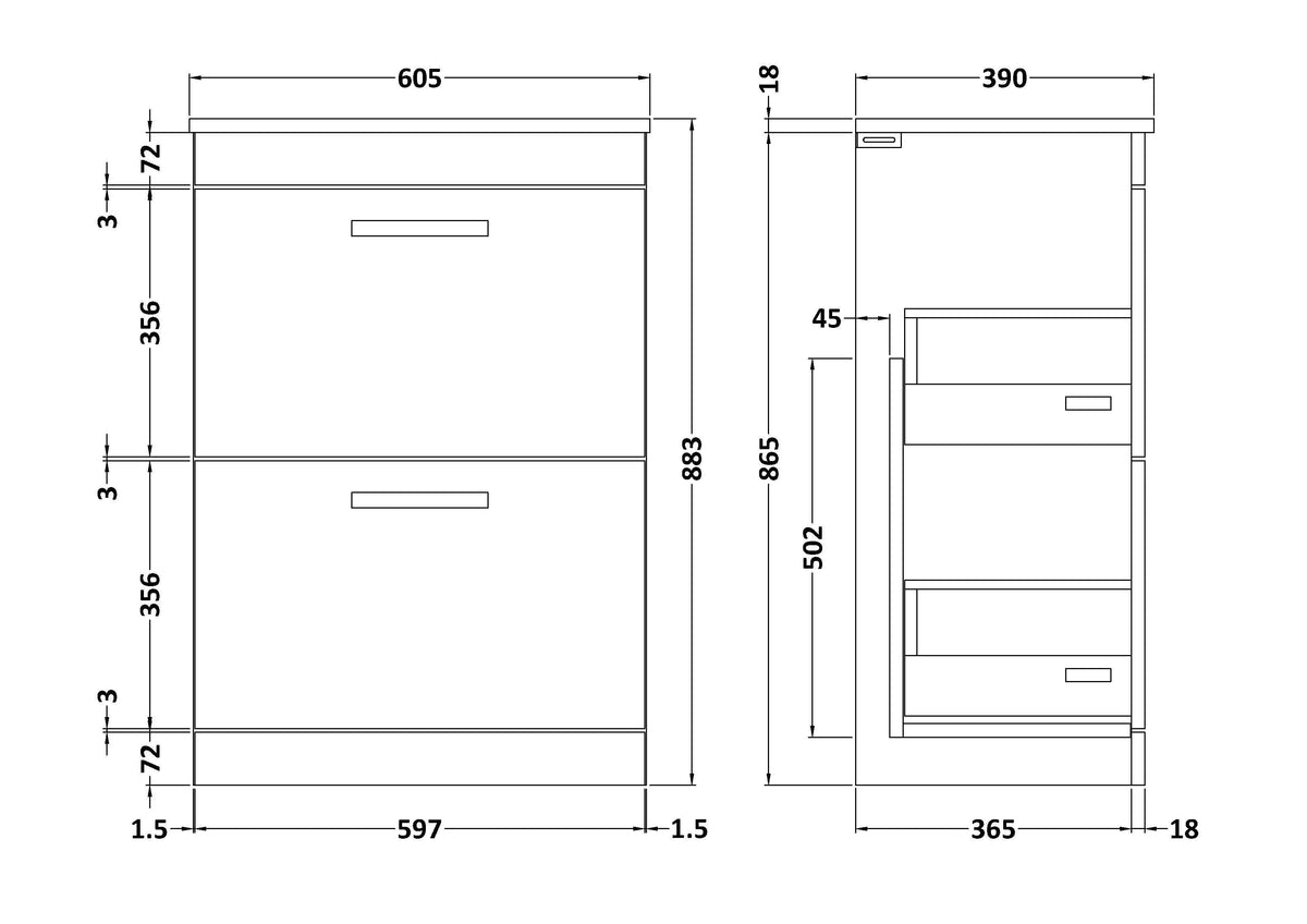 Nuie Athena 2 Drawer Floor Standing Vanity Unit With Worktop – 600mm & 800mm, photo 6