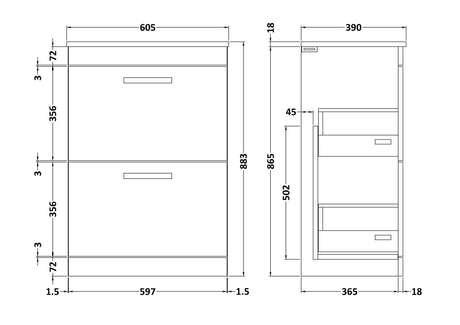 Nuie Athena 2 Drawer Floor Standing Vanity Unit With Worktop – 600mm & 800mm, photo 6