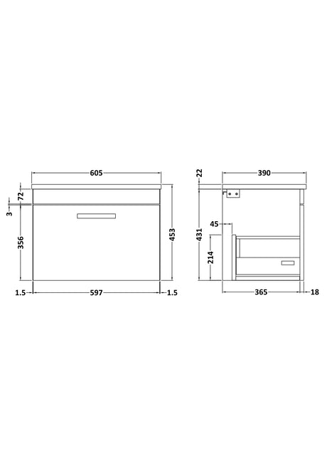 Nuie Athena 1 Drawer Wall Hung Vanity Unit With Worktop – 500mm, 600mm & 800mm, photo 10