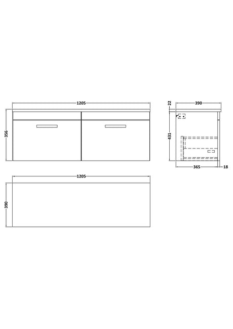 Nuie Athena 2 Drawer Wall Hung Vanity Unit With Worktop – 500mm, 600mm, 800mm & 1200mm, photo 12