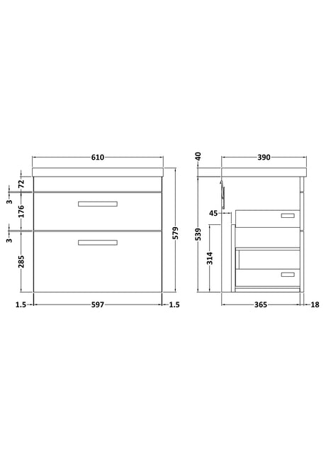 Nuie Athena 2 Drawer Wall Hung Vanity Unit With Basin – 500mm, 600mm & 800mm, photo 10