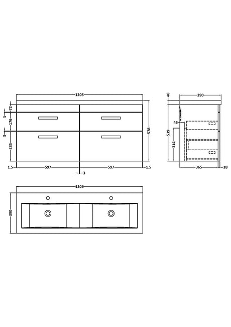 Nuie Athena 1200mm 4 Drawer Wall Hung Twin Vanity Unit With Basin, photo 7