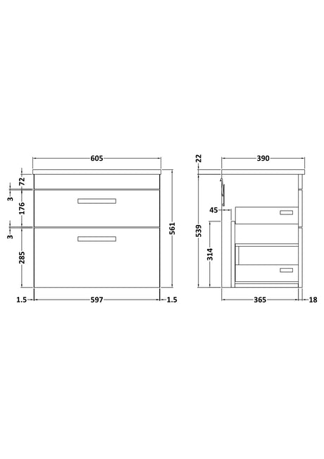 Nuie Athena 2 Drawer Wall Hung Vanity Unit With Worktop – 500mm, 600mm, 800mm & 1200mm, photo 10