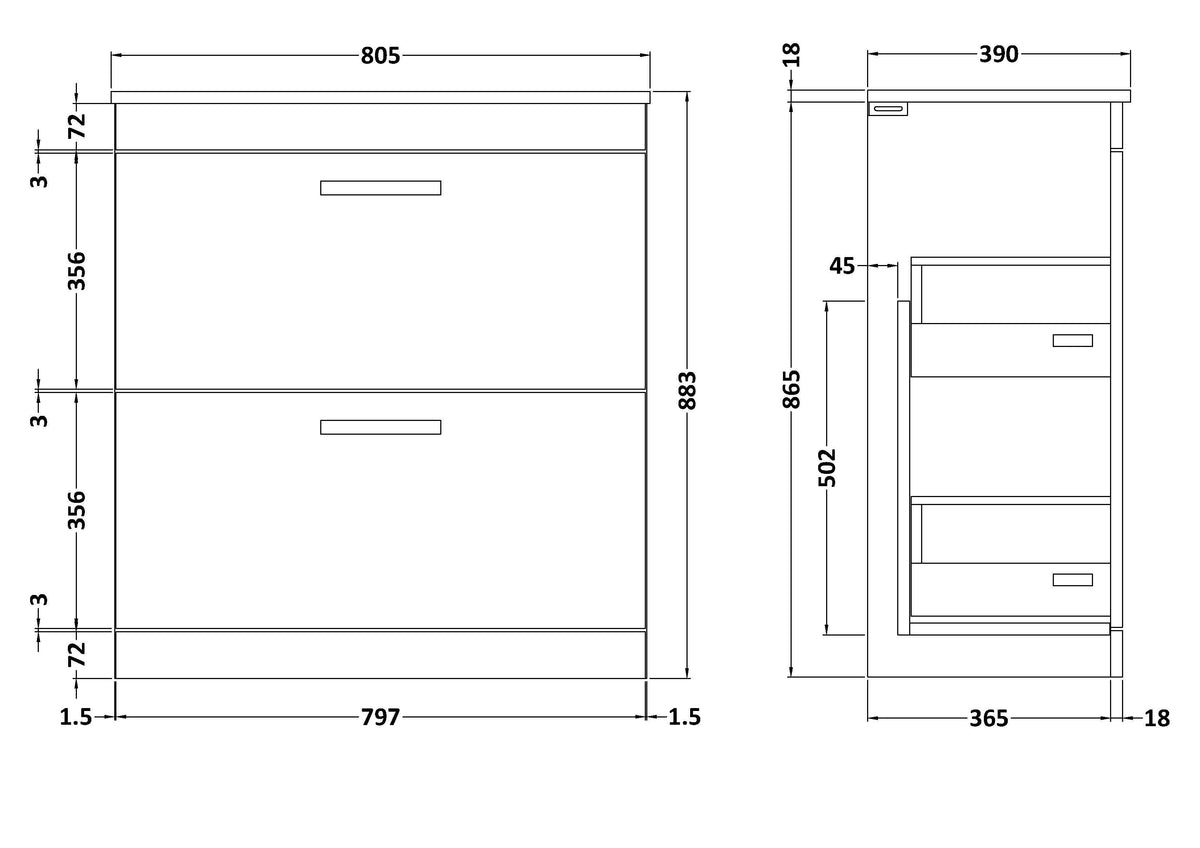 Nuie Athena 2 Drawer Floor Standing Vanity Unit With Worktop – 600mm & 800mm, photo 7
