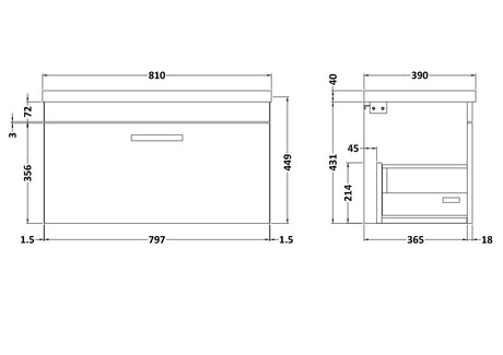 Nuie Athena 1 Drawer Wall Hung Vanity Unit With Basin – 500mm, 600mm & 800mm, photo 11