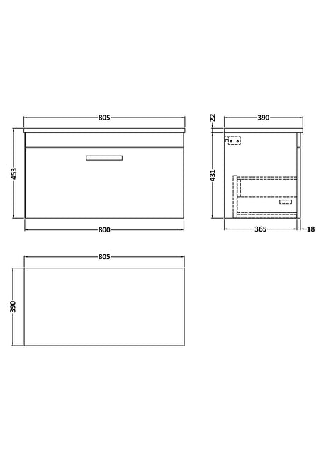 Nuie Athena 1 Drawer Wall Hung Vanity Unit With Worktop – 500mm, 600mm & 800mm, photo 11