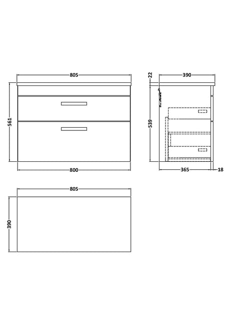 Nuie Athena 2 Drawer Wall Hung Vanity Unit With Worktop – 500mm, 600mm, 800mm & 1200mm, photo 11
