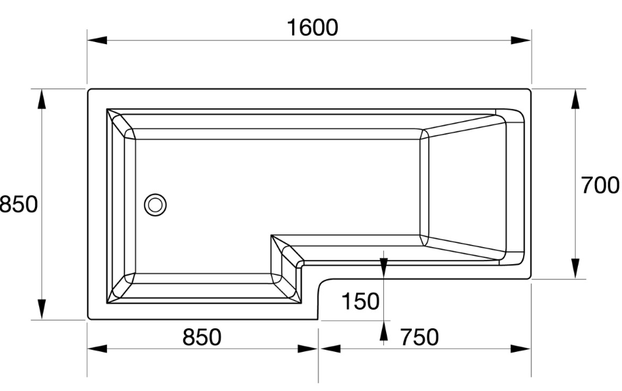 Kartell K-VIT Elite L-Shaped Shower Bath 1600x850mm Right Hand-White Gloss (BAT146ELB)