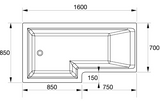 Kartell K-VIT Elite L-Shaped Shower Bath 1600x850mm Right Hand-White Gloss (BAT146ELB)