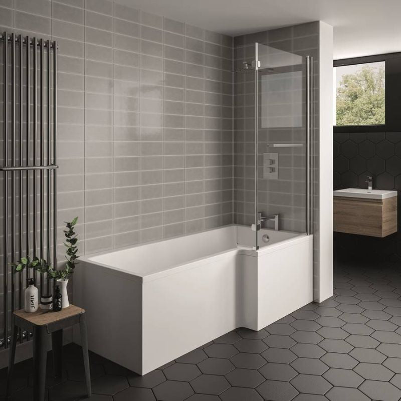 Kartell K-VIT Elite L-Shaped Shower Bath 1600x850mm Right Hand-White Gloss (BAT146ELB)