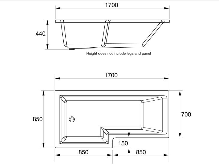 Kartell K-VIT Elite L-Shaped Shower Bath 1700x850mm Right Hand (BAT151ELB)