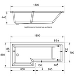 Kartell K-VIT Elite 1800mm x 850mm L Shaped Shower Bath Right Hand With Legs- White Gloss (BAT156ELB)