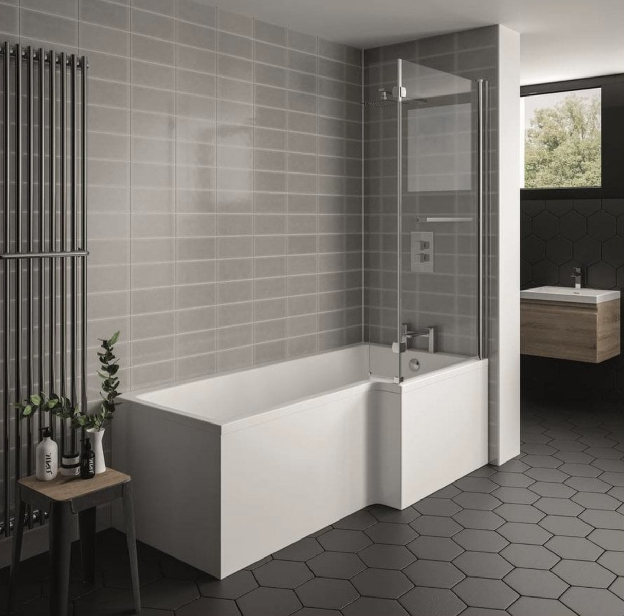Kartell K-VIT Elite 1800mm x 850mm L Shaped Shower Bath Right Hand With Legs- White Gloss (BAT156ELB)