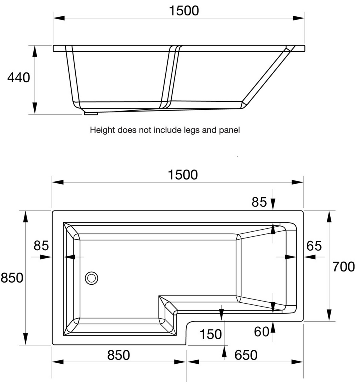 Kartell K-VIT Elite 1500mm L Shaped Left Hand Bath With Legs- White Gloss (BAT140ELB)