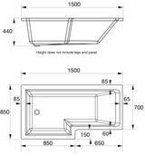 Kartell K-VIT Elite 1500mm L Shaped Left Hand Bath With Legs- White Gloss (BAT140ELB)