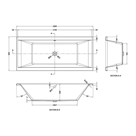Nuie Asselby Eternalite Square Double Ended Bath With Legs – 1700 x 700mm, 1700 x 750mm & 1800 x 800mm, photo 5