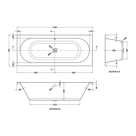Nuie Otley Eternalite Round Double Ended Bath With Legs – 1700 x 700mm, 1700 x 750mm & 1800 x 800mm, photo 3