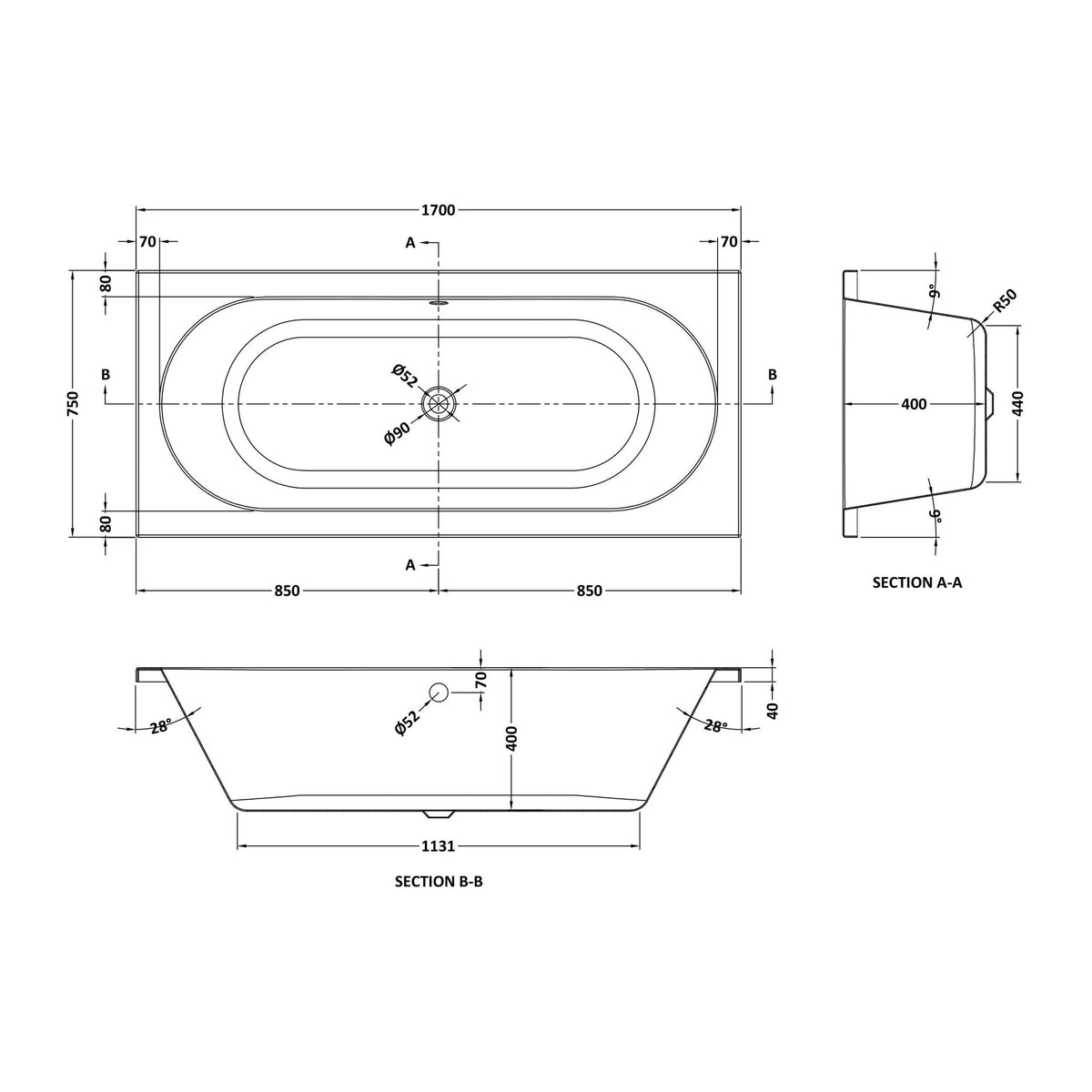 Nuie Otley Eternalite Round Double Ended Bath With Legs – 1700 x 700mm, 1700 x 750mm & 1800 x 800mm, photo 4