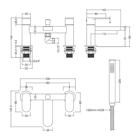 Nuie Binsey Deck Mounted Bath Shower Mixer With Kit – Chrome, photo 3