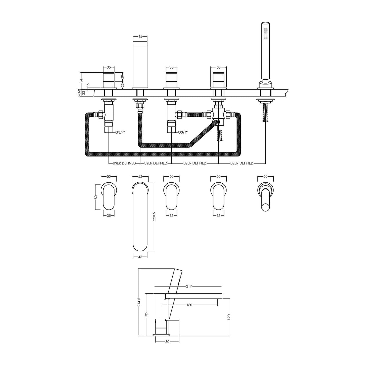 Nuie Binsey 5 Tap Hole Deck Mounted Bath Shower Mixer – Chrome, photo 3