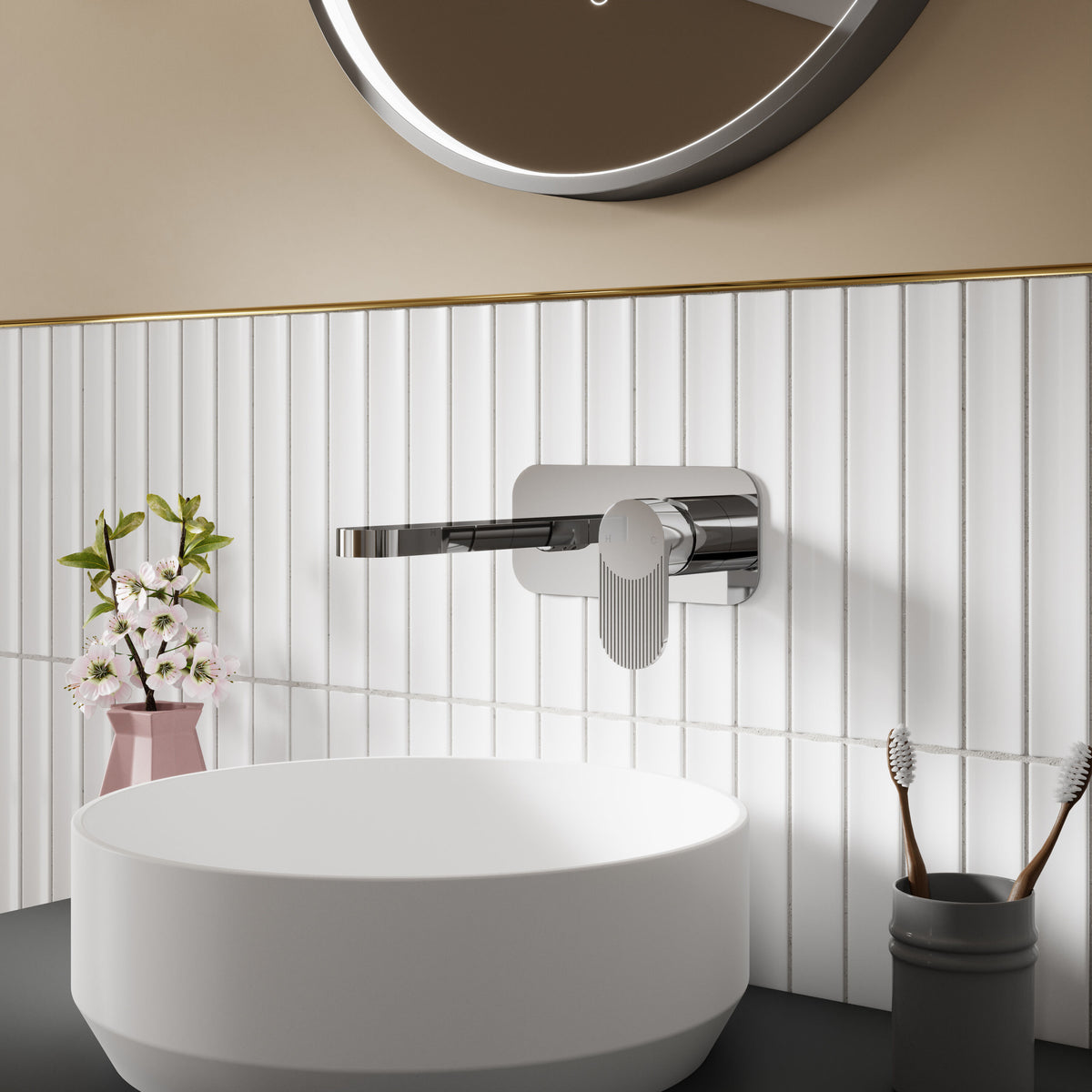 Nuie Cyprus 2 Tap Hole Wall Mounted Basin Mixer With Plate – Chrome or Brushed Pewter
