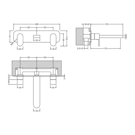 Nuie Binsey 3 Tap Hole Wall Mounted Basin Mixer With Plate – Chrome, photo 3
