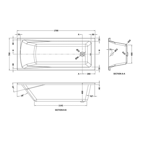 Nuie Linton Eternalite Square Single Ended Bath With Legs – 1700 x 700mm, 1700 x 750mm & 1800 x 800mm, photo 3