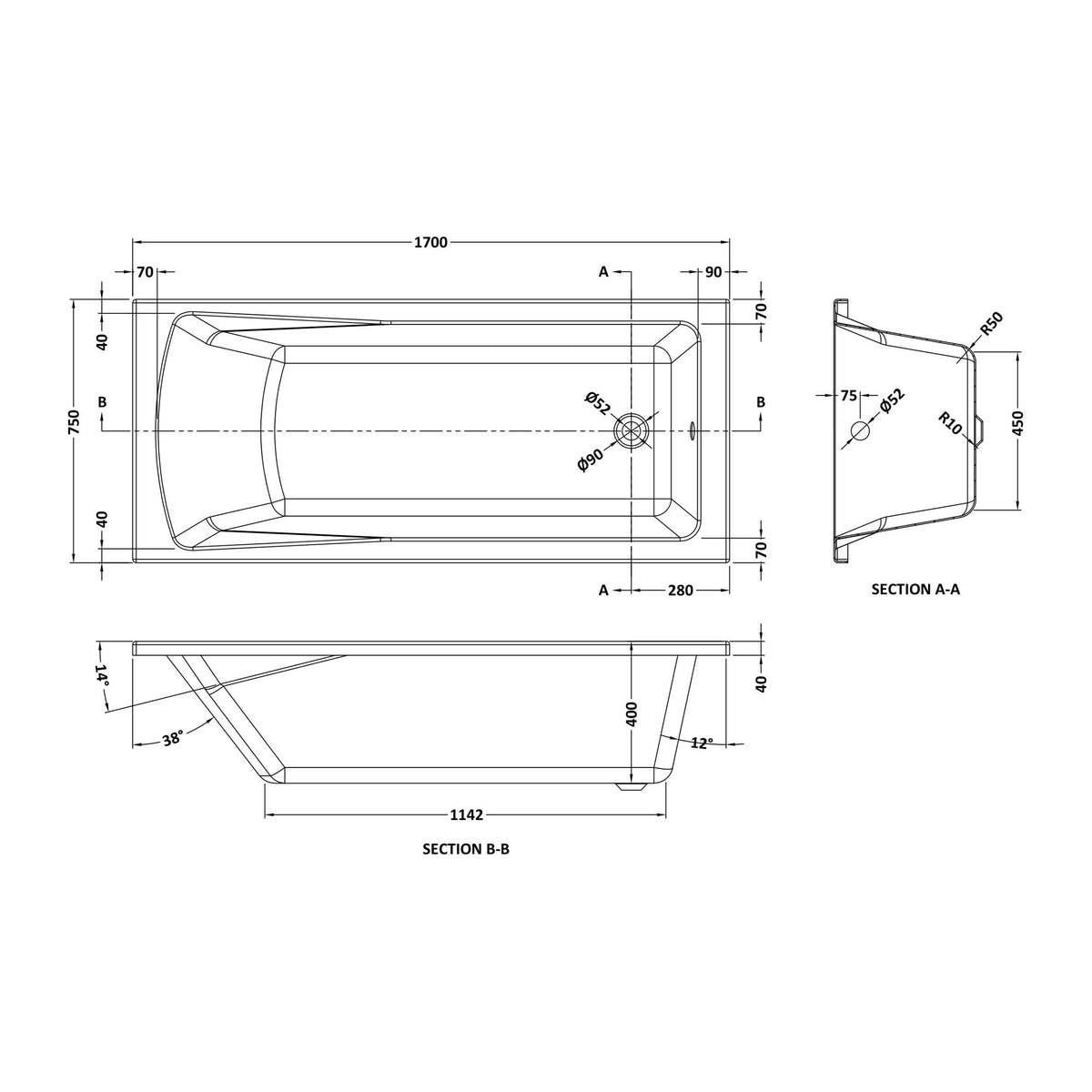 Nuie Linton Eternalite Square Single Ended Bath With Legs – 1700 x 700mm, 1700 x 750mm & 1800 x 800mm, photo 4