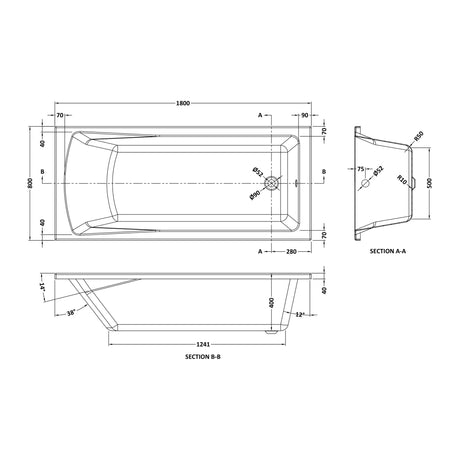 Nuie Linton Eternalite Square Single Ended Bath With Legs – 1700 x 700mm, 1700 x 750mm & 1800 x 800mm, photo 5